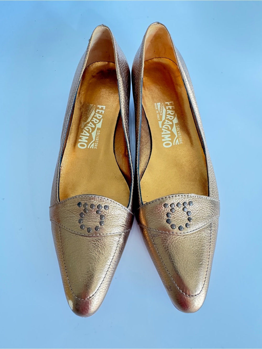 Salvatore Ferragamo Metallic Gold Pointed Pointed Ballet Flats